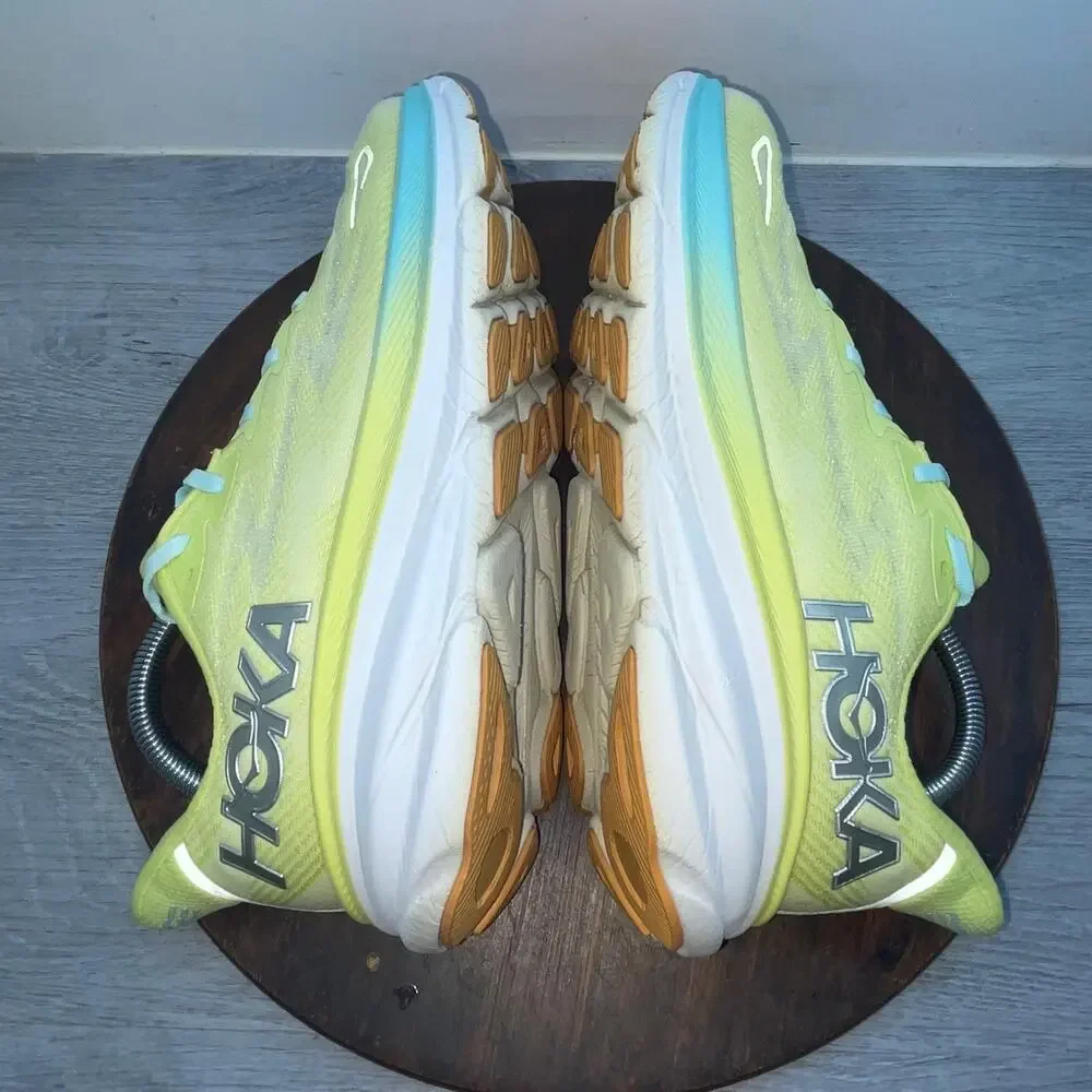 Hoka One One Clifton 9 Mens Size 10B Yellow Blue Walking Running Shoes Sneakers